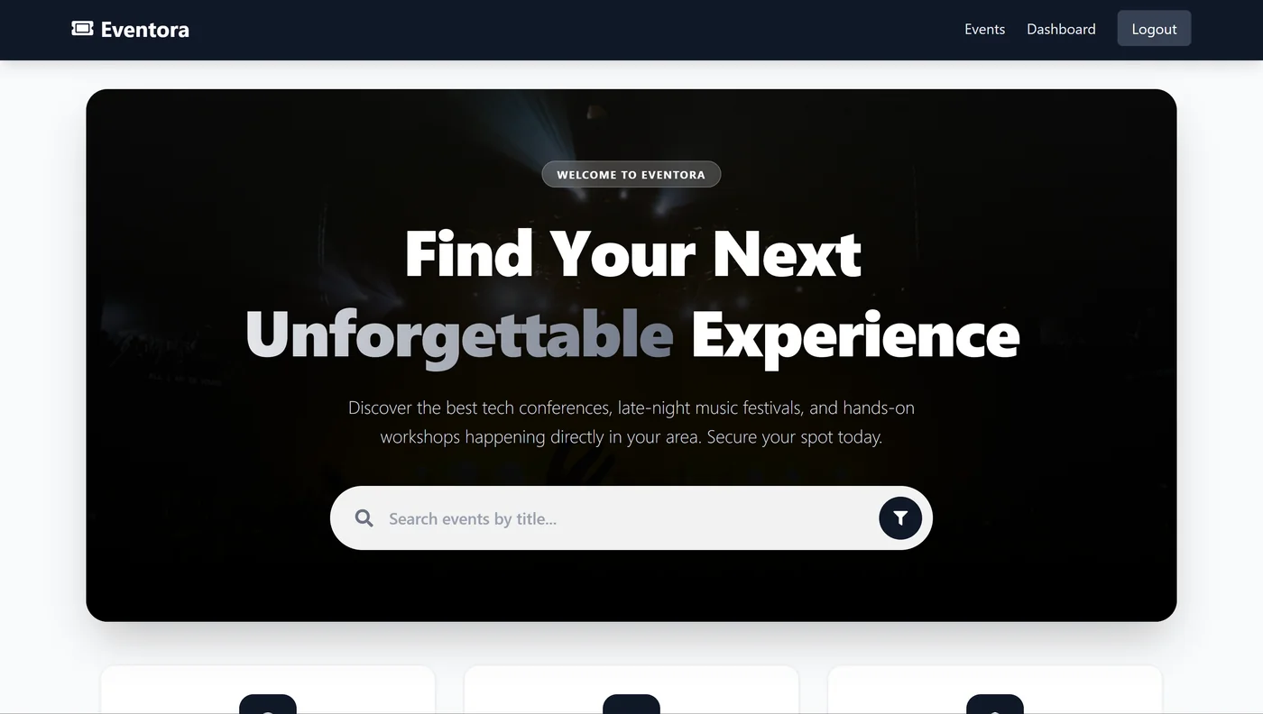 Eventora event booking platform dashboard screenshot